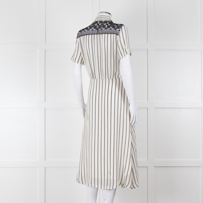 Sandro Cream Black Striped Black Lace Detail Short Sleeve Dress