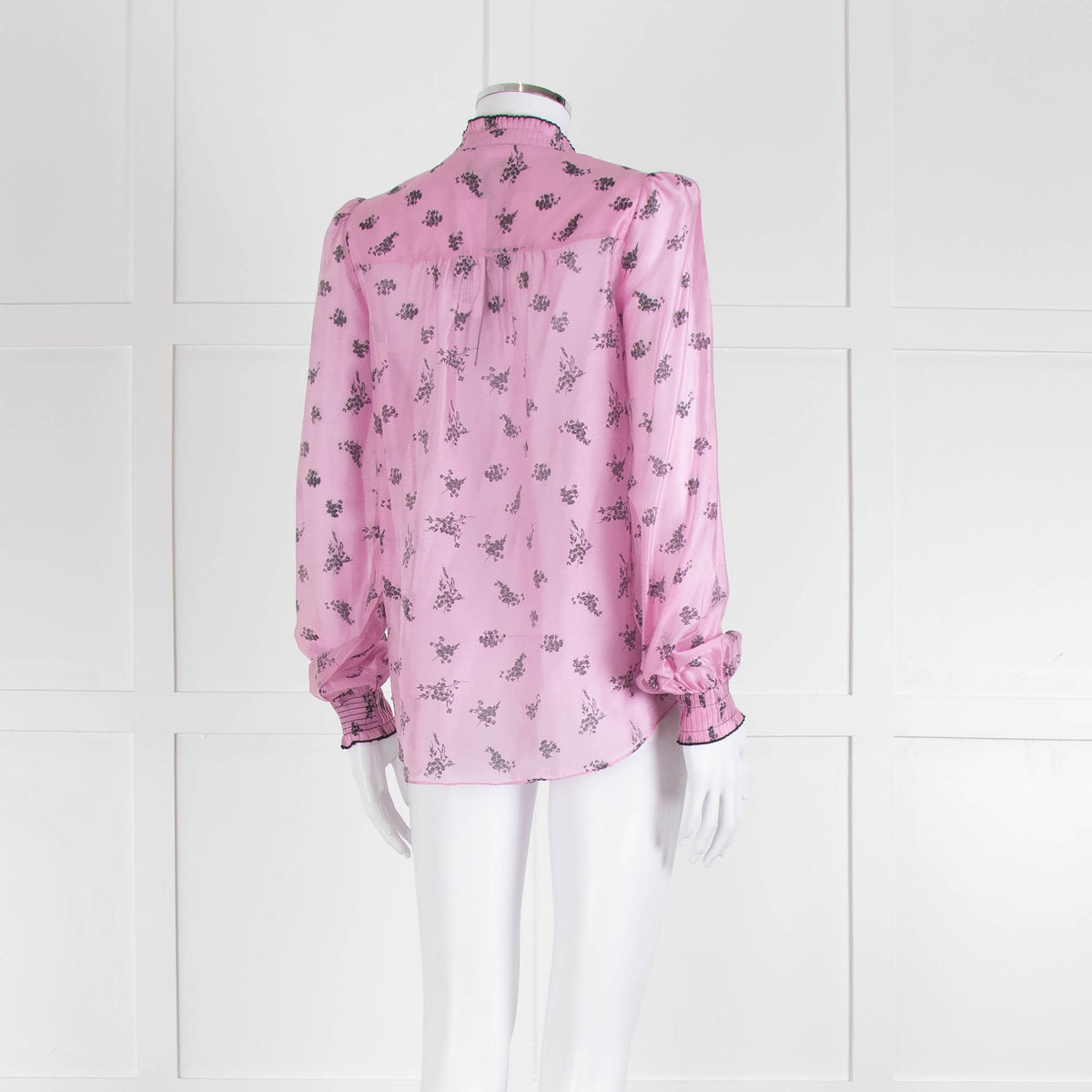Me + Em Pink Blouse with Frill Neck and Black Floral Print