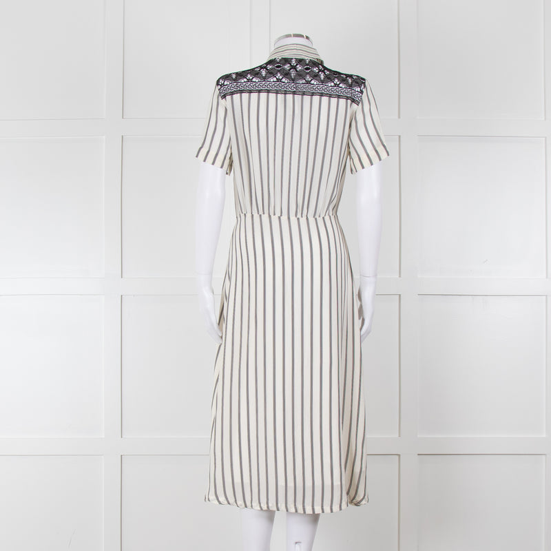 Sandro Cream Black Striped Black Lace Detail Short Sleeve Dress