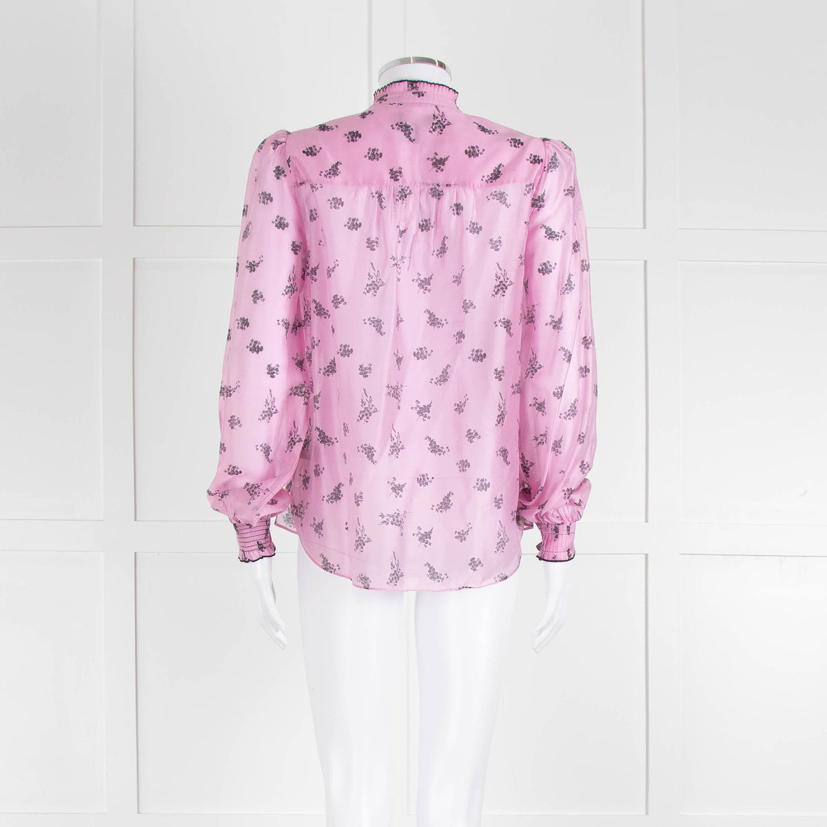 Me + Em Pink Blouse with Frill Neck and Black Floral Print