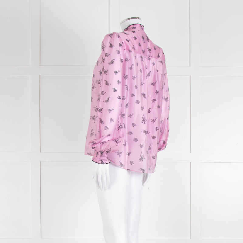 Me + Em Pink Blouse with Frill Neck and Black Floral Print