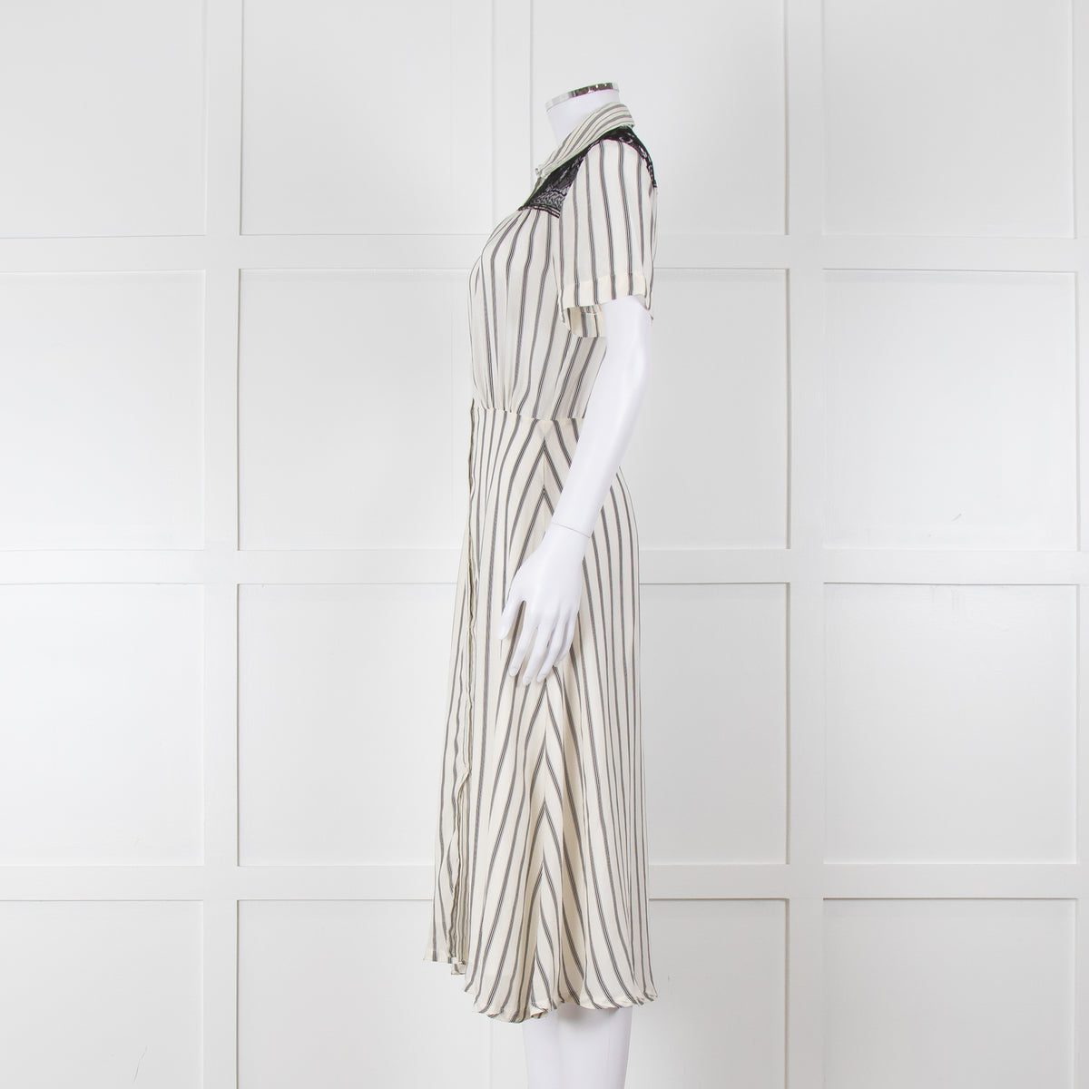 Sandro Cream Black Striped Black Lace Detail Short Sleeve Dress