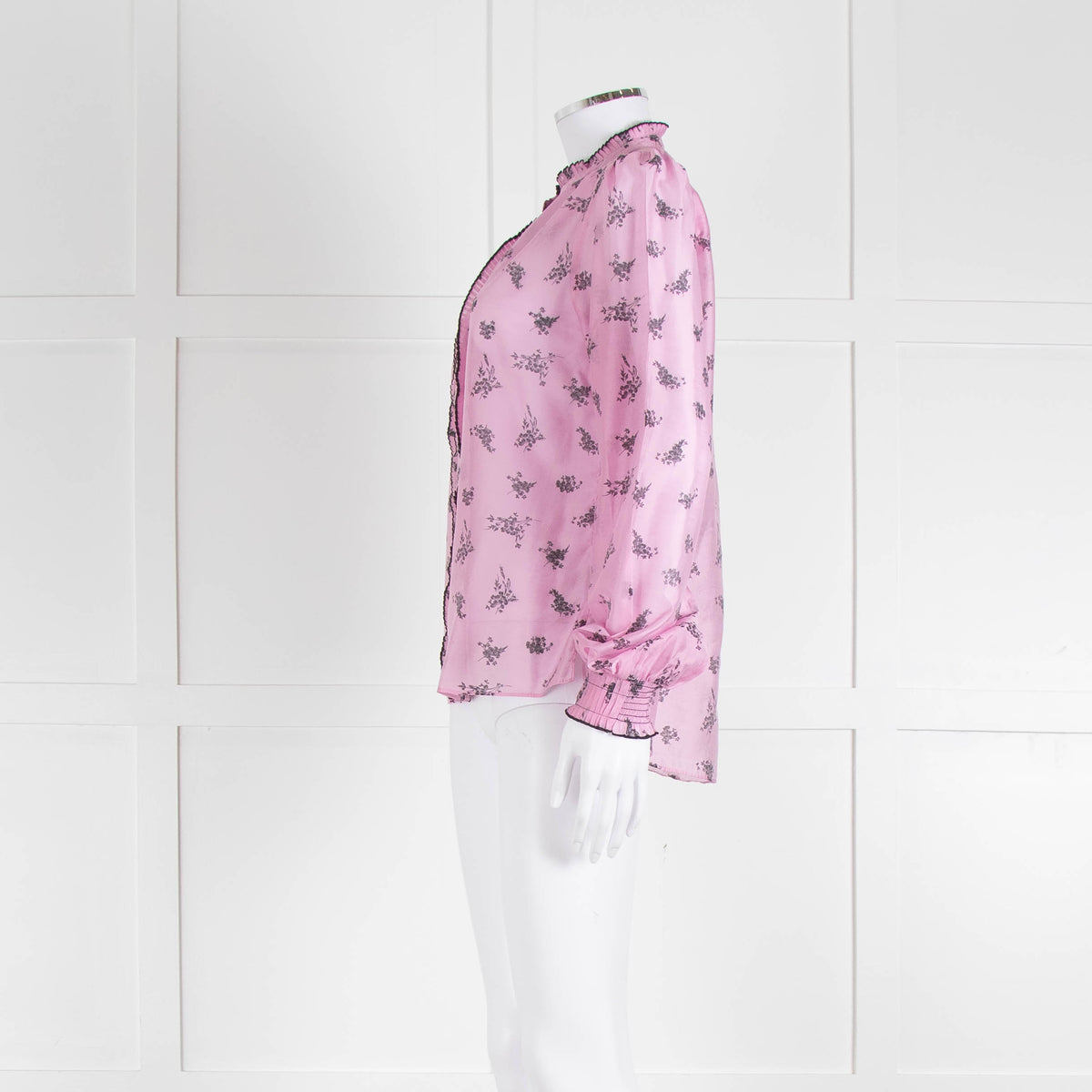 Me + Em Pink Blouse with Frill Neck and Black Floral Print