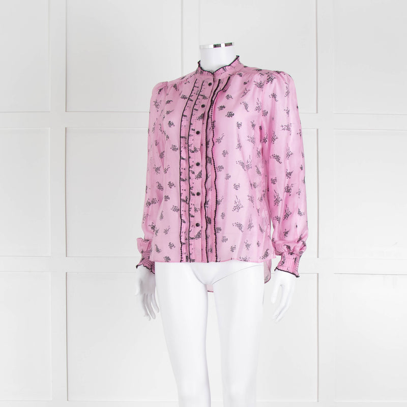Me + Em Pink Blouse with Frill Neck and Black Floral Print