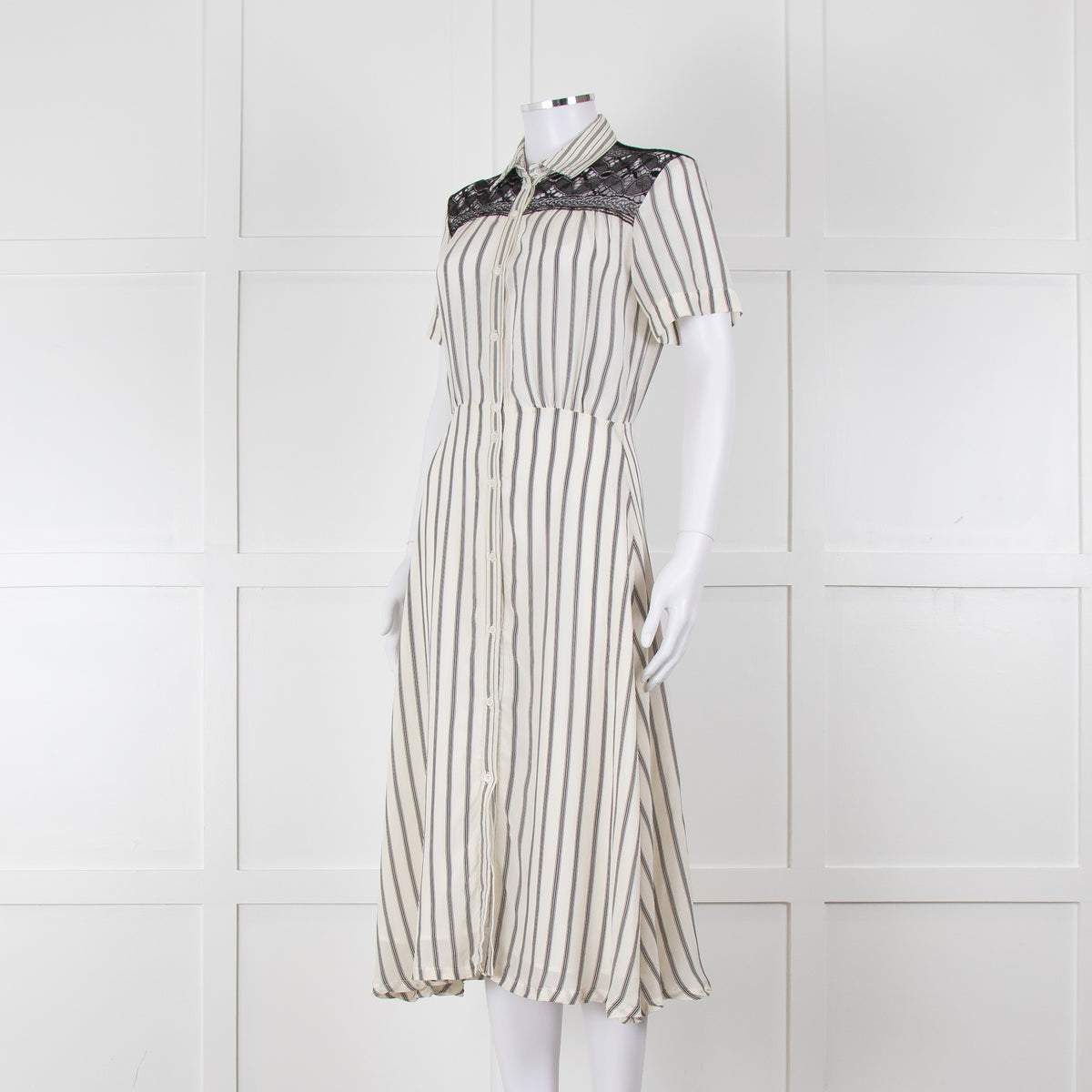 Sandro Cream Black Striped Black Lace Detail Short Sleeve Dress