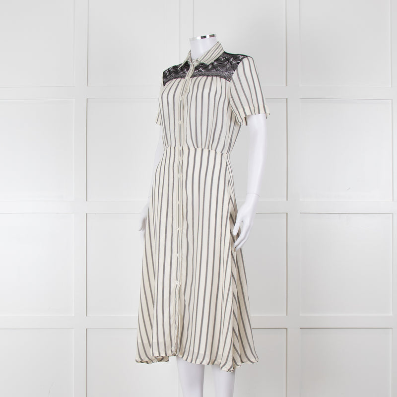 Sandro Cream Black Striped Black Lace Detail Short Sleeve Dress