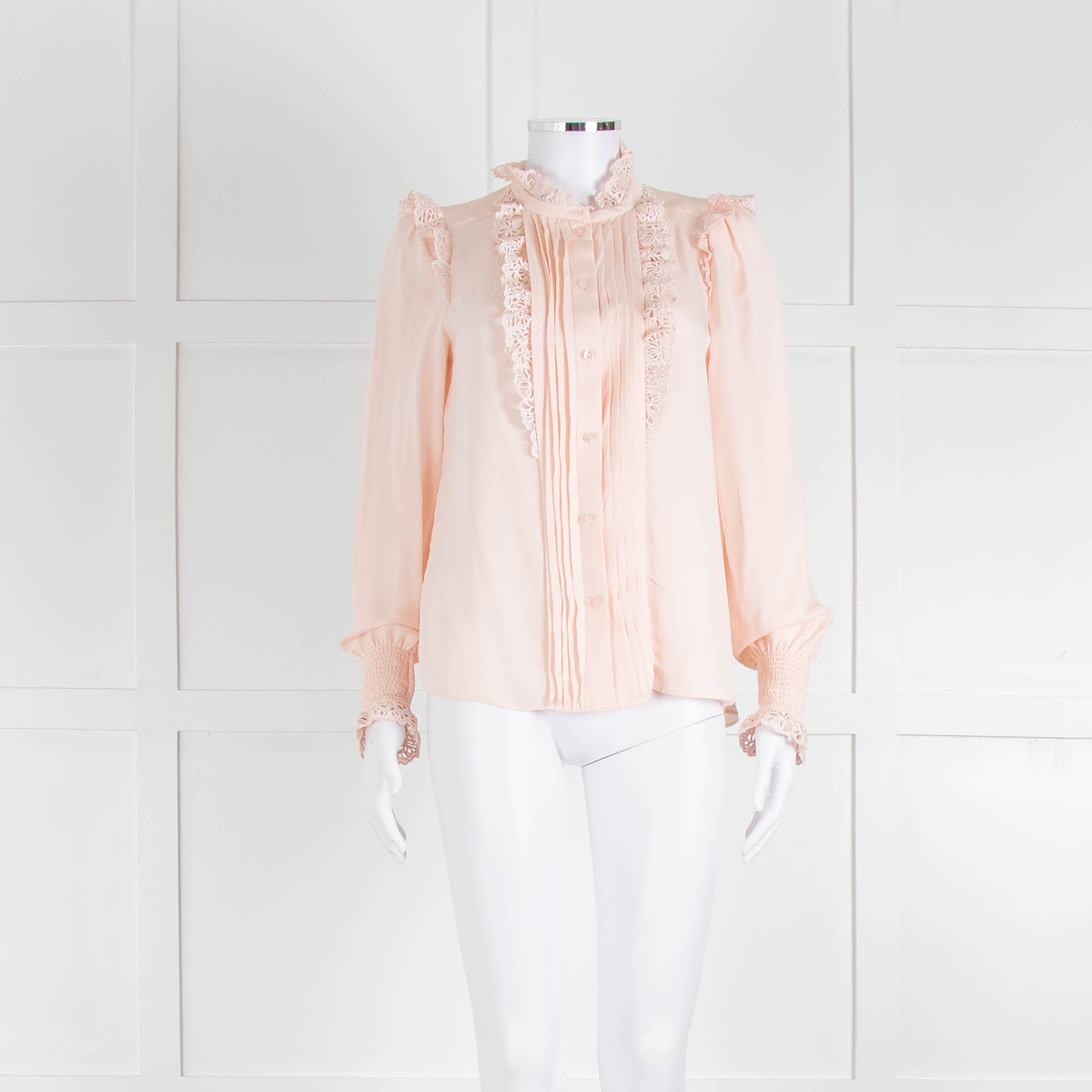 Me + Em Pink Frill Neck Blouse with Lace Trims and Smocked Cuffs
