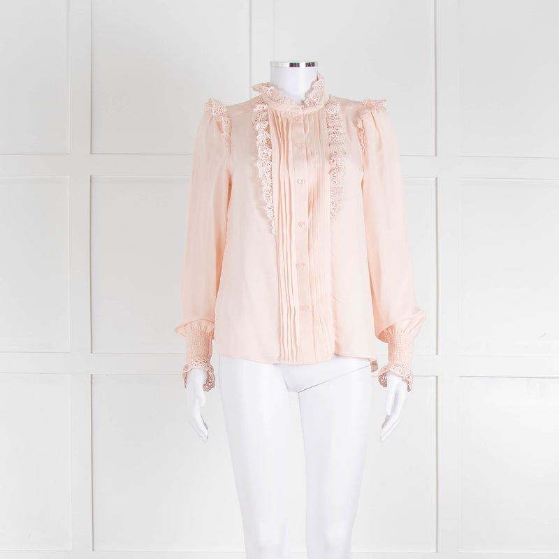 Me + Em Pink Frill Neck Blouse with Lace Trims and Smocked Cuffs