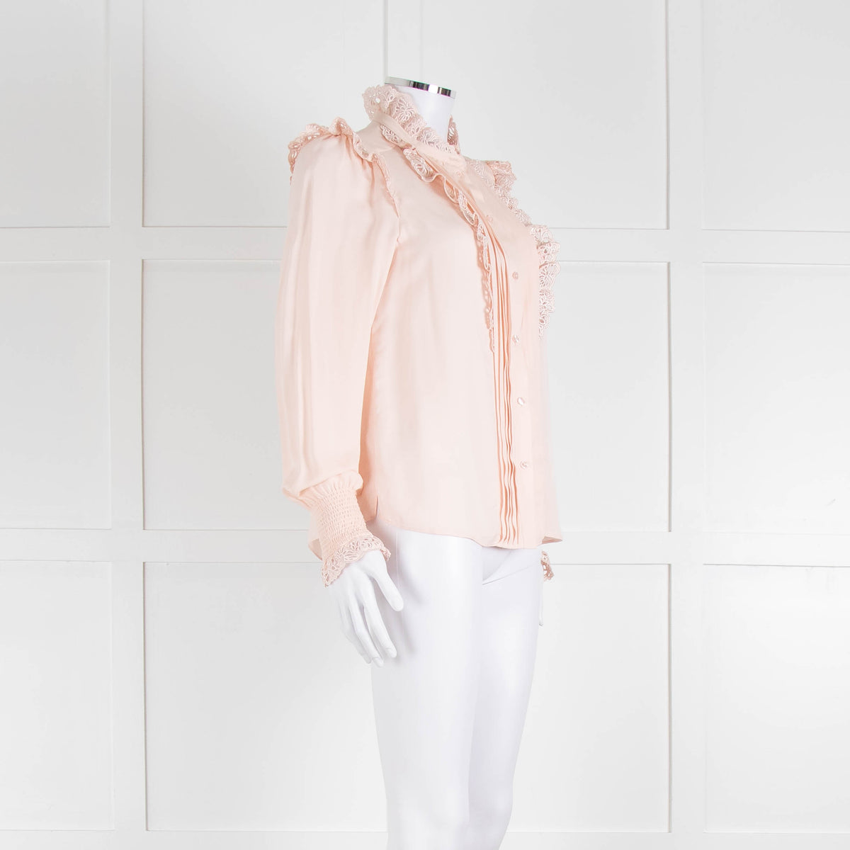 Me + Em Pink Frill Neck Blouse with Lace Trims and Smocked Cuffs