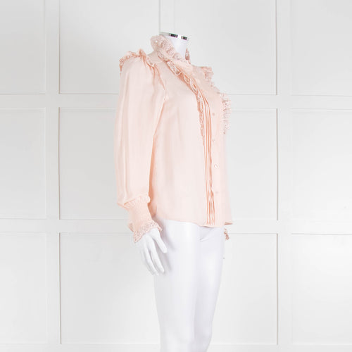 Me + Em Pink Frill Neck Blouse with Lace Trims and Smocked Cuffs