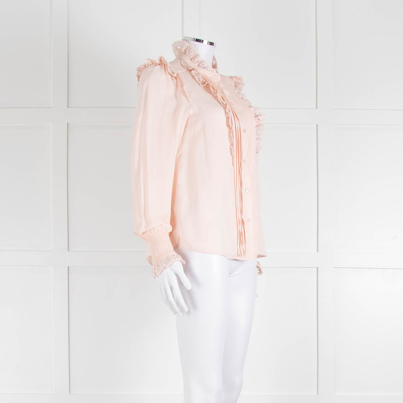 Me + Em Pink Frill Neck Blouse with Lace Trims and Smocked Cuffs