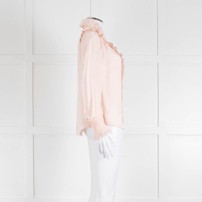 Me + Em Pink Frill Neck Blouse with Lace Trims and Smocked Cuffs