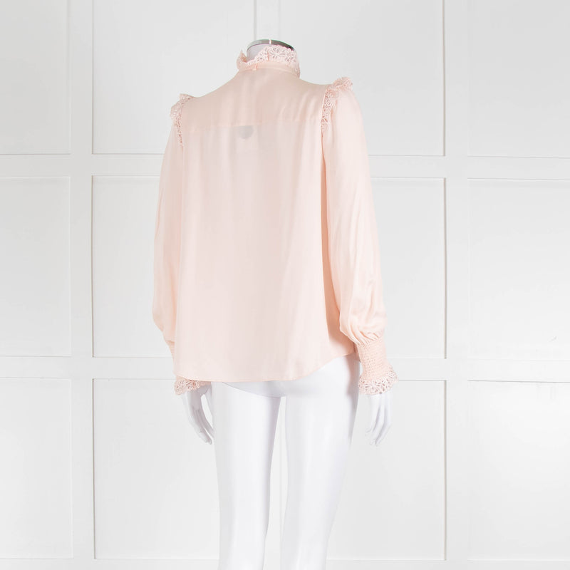 Me + Em Pink Frill Neck Blouse with Lace Trims and Smocked Cuffs