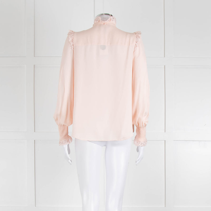 Me + Em Pink Frill Neck Blouse with Lace Trims and Smocked Cuffs