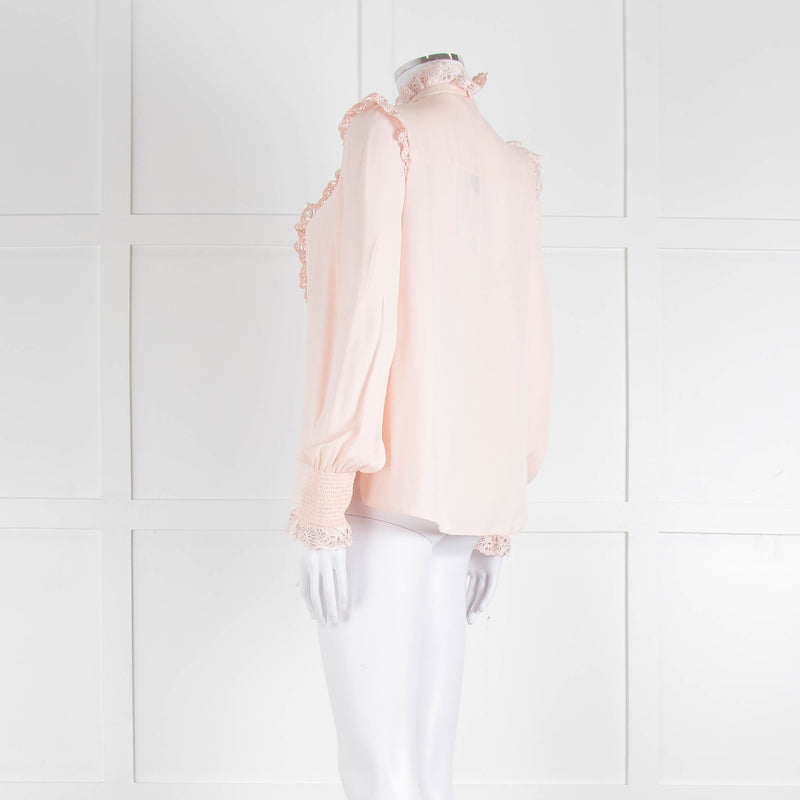 Me + Em Pink Frill Neck Blouse with Lace Trims and Smocked Cuffs