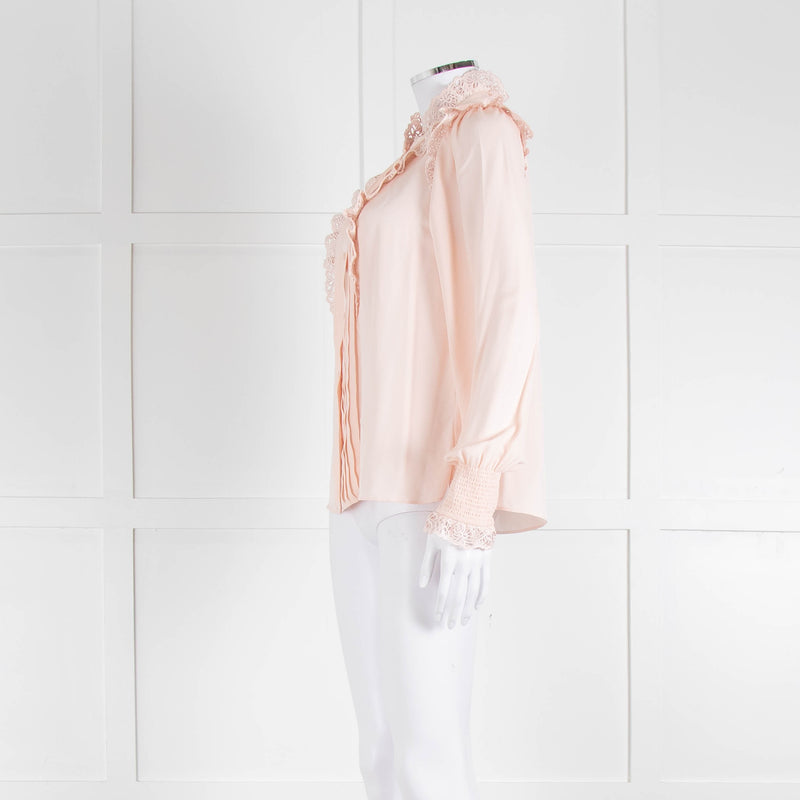 Me + Em Pink Frill Neck Blouse with Lace Trims and Smocked Cuffs