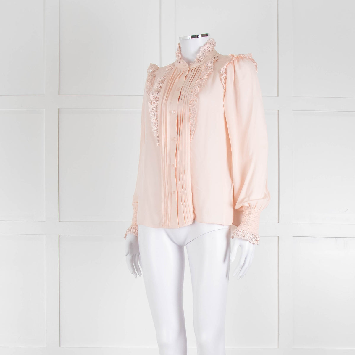 Me + Em Pink Frill Neck Blouse with Lace Trims and Smocked Cuffs