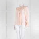 Me + Em Pink Frill Neck Blouse with Lace Trims and Smocked Cuffs