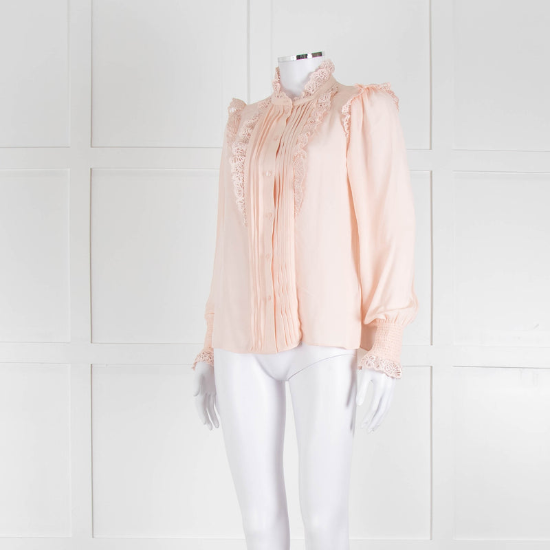 Me + Em Pink Frill Neck Blouse with Lace Trims and Smocked Cuffs