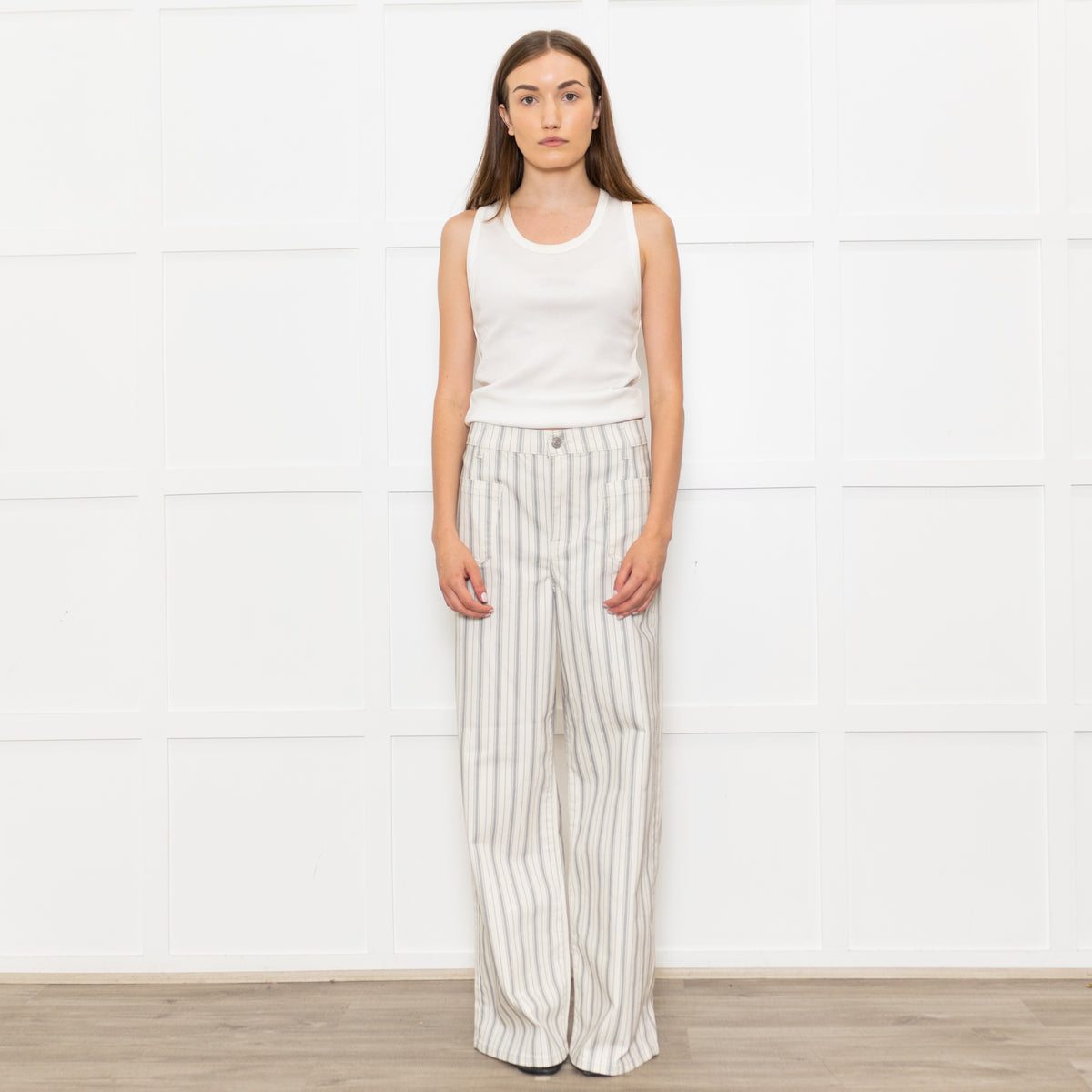 Frame Cream Grey Green Stripe Wide Leg Trousers
