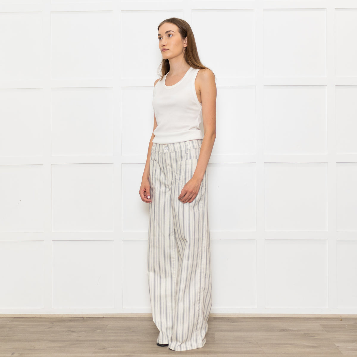 Frame Cream Grey Green Stripe Wide Leg Trousers