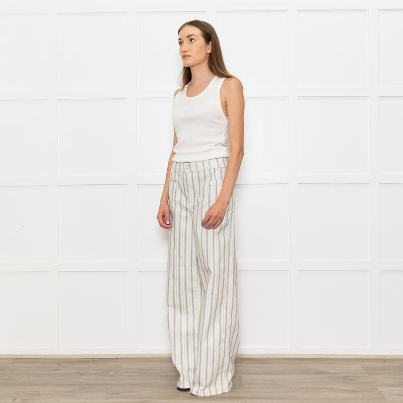 Frame Cream Grey Green Stripe Wide Leg Trousers