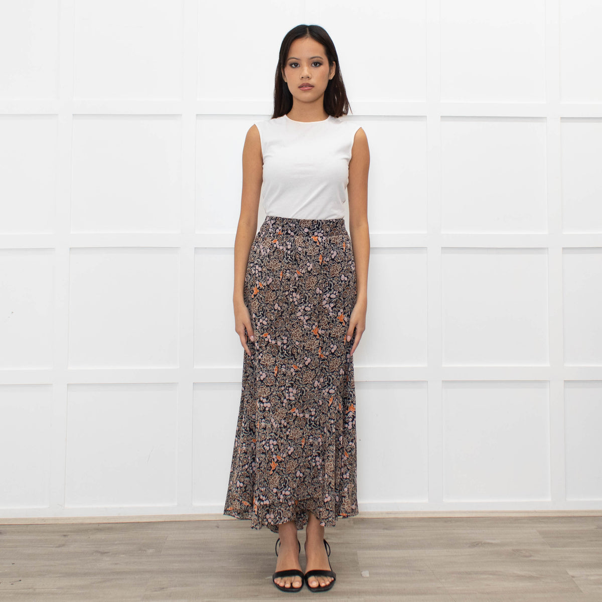 Me + Em Brown Floral Tiered Maxi Skirt