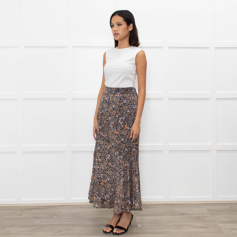 Me + Em Brown Floral Tiered Maxi Skirt
