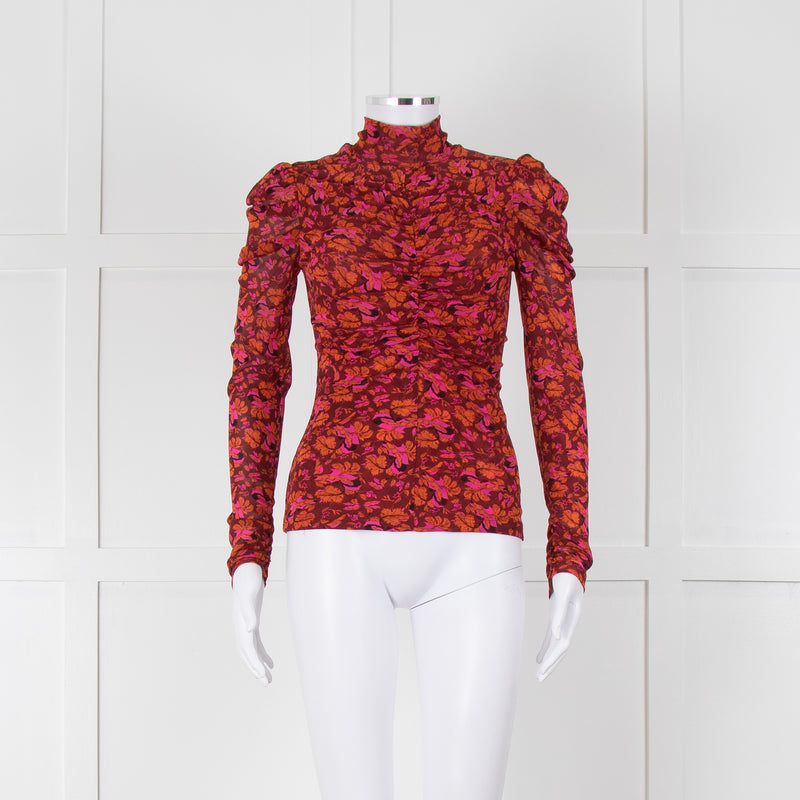 Diane Von Furstenberg Burgundy Floral Gathered Puff Sleeve Top