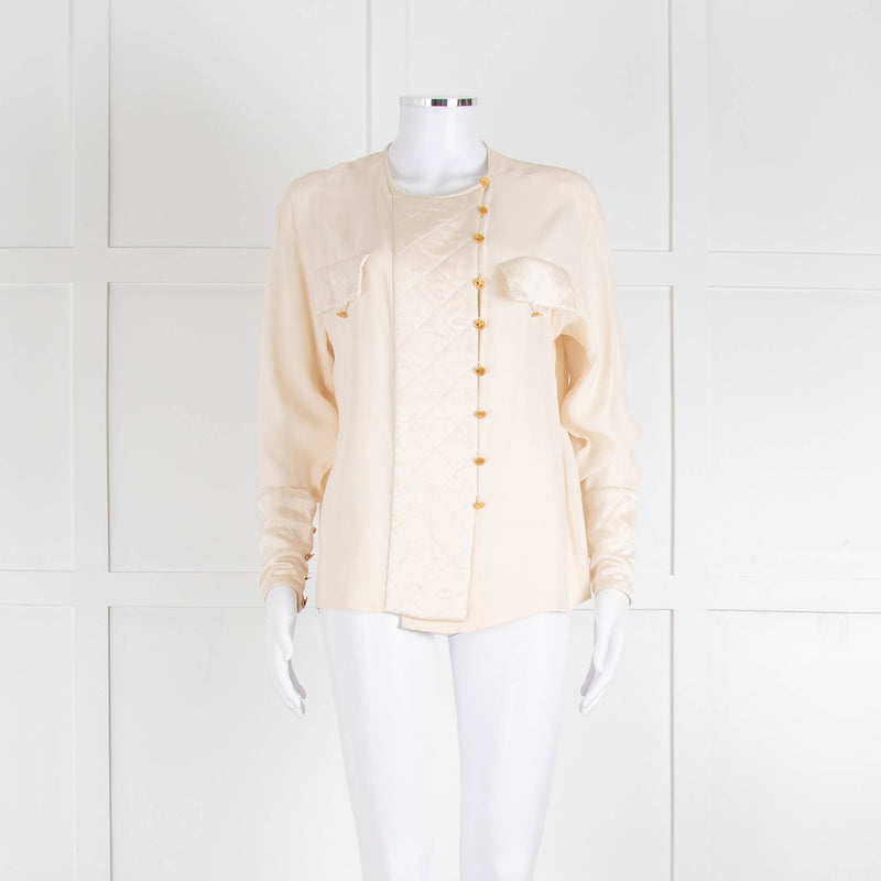 Chanel Silk Blouse With Quilted Front Panel And Gold Buttons