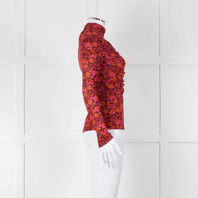 Diane Von Furstenberg Burgundy Floral Gathered Puff Sleeve Top