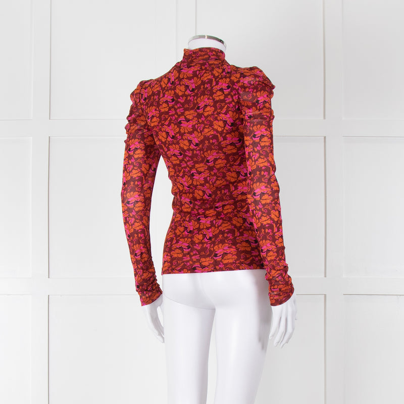 Diane Von Furstenberg Burgundy Floral Gathered Puff Sleeve Top