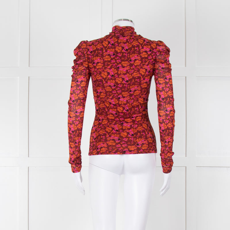 Diane Von Furstenberg Burgundy Floral Gathered Puff Sleeve Top
