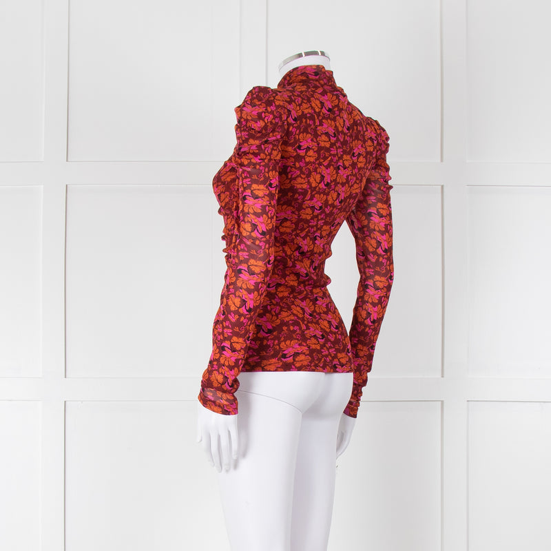 Diane Von Furstenberg Burgundy Floral Gathered Puff Sleeve Top