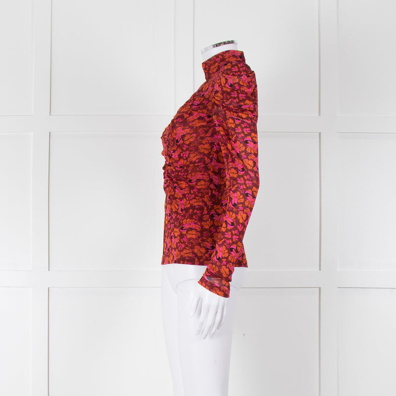 Diane Von Furstenberg Burgundy Floral Gathered Puff Sleeve Top
