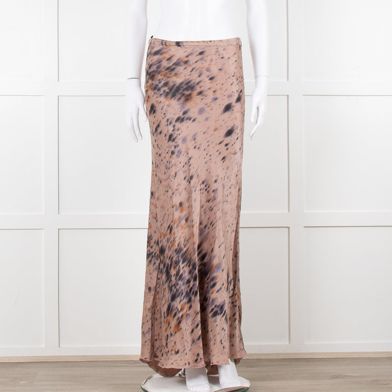 Rabens Saloner Taupe Tie Dye Splatter Bias Cut Maxi Skirt