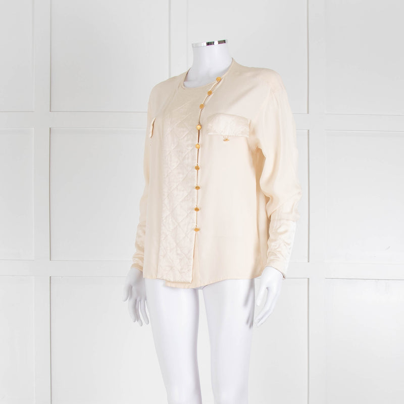 Chanel Silk Blouse With Quilted Front Panel And Gold Buttons