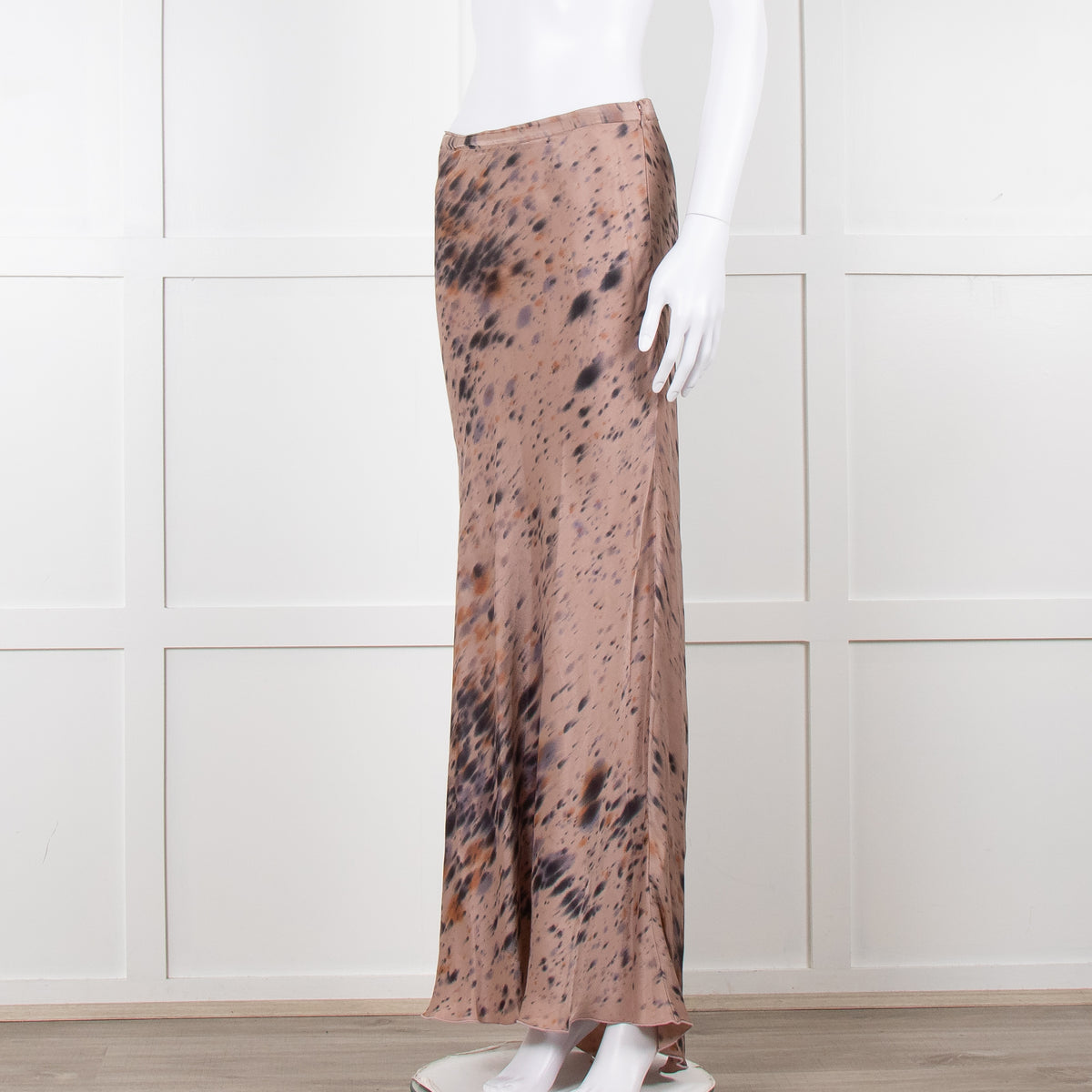 Rabens Saloner Taupe Tie Dye Splatter Bias Cut Maxi Skirt