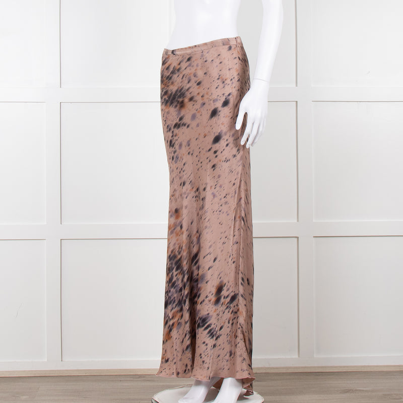 Rabens Saloner Taupe Tie Dye Splatter Bias Cut Maxi Skirt