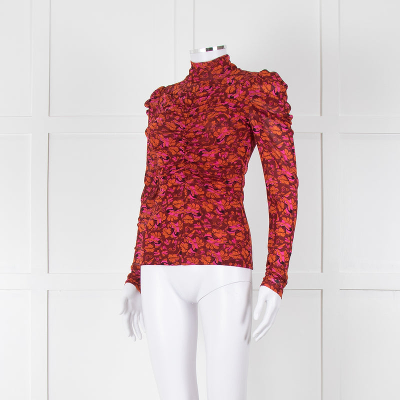 Diane Von Furstenberg Burgundy Floral Gathered Puff Sleeve Top