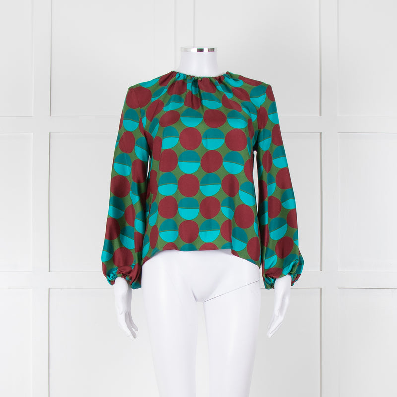 La Double J Green Burgundy Blue Circle Print Long Sleeve Silk Top