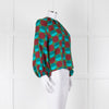 La Double J Green Burgundy Blue Circle Print Long Sleeve Silk Top