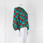 La Double J Green Burgundy Blue Circle Print Long Sleeve Silk Top
