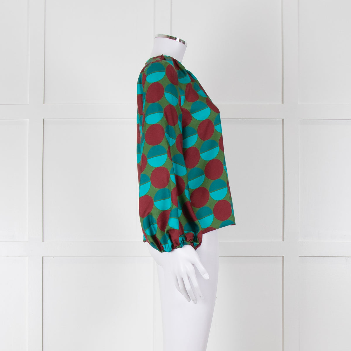 La Double J Green Burgundy Blue Circle Print Long Sleeve Silk Top