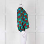 La Double J Green Burgundy Blue Circle Print Long Sleeve Silk Top