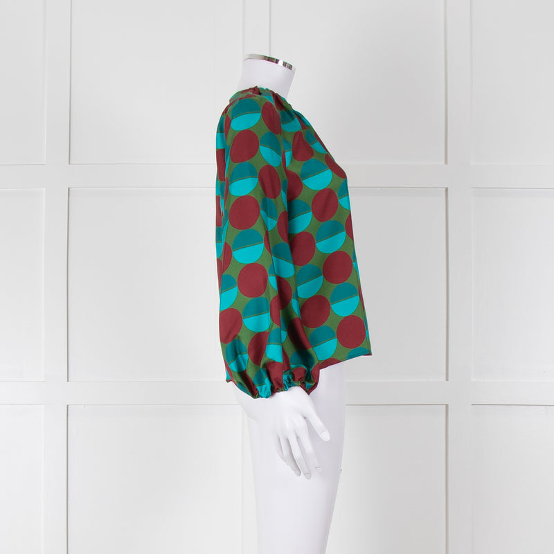 La Double J Green Burgundy Blue Circle Print Long Sleeve Silk Top