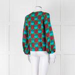 La Double J Green Burgundy Blue Circle Print Long Sleeve Silk Top