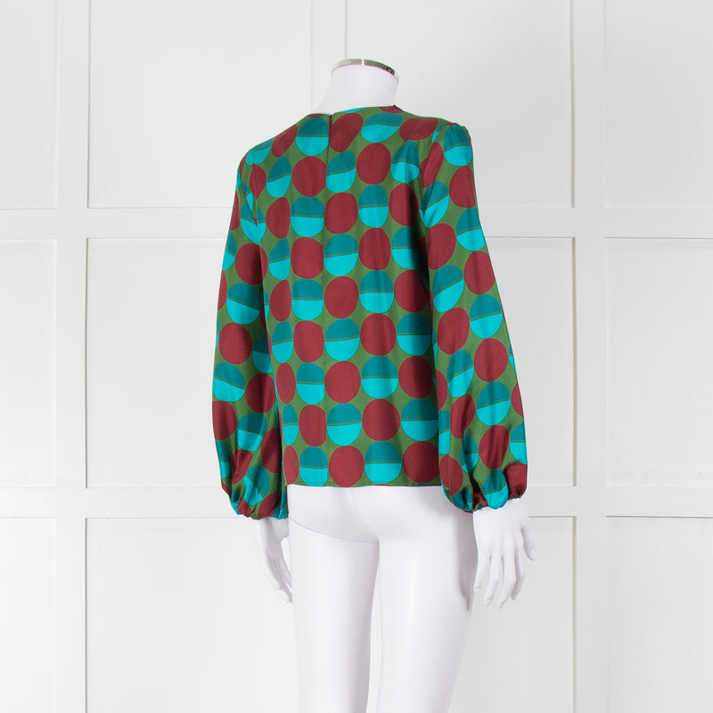 La Double J Green Burgundy Blue Circle Print Long Sleeve Silk Top