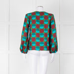 La Double J Green Burgundy Blue Circle Print Long Sleeve Silk Top