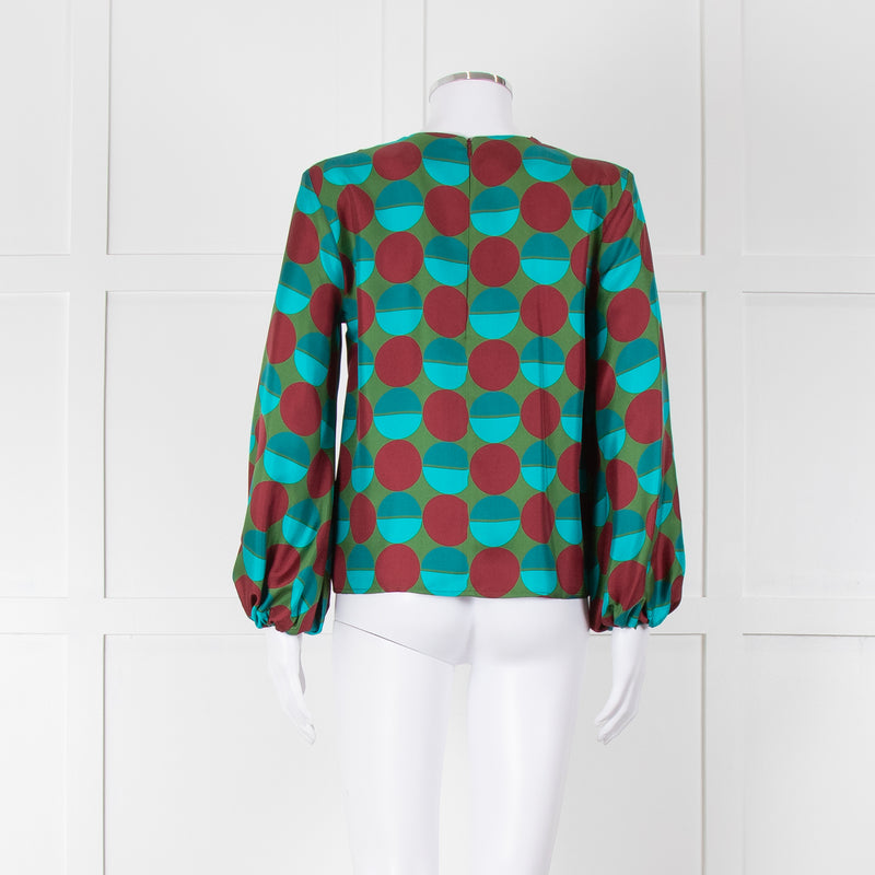 La Double J Green Burgundy Blue Circle Print Long Sleeve Silk Top